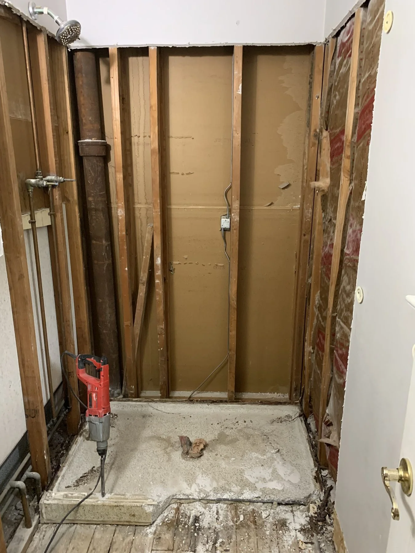 BEFORE: bathroom stripped to the studs and subfloor